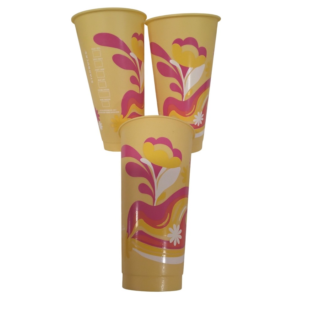Starbucks Yellow Flower Swirl Tumblers Set of 3 Reusable Cups‎